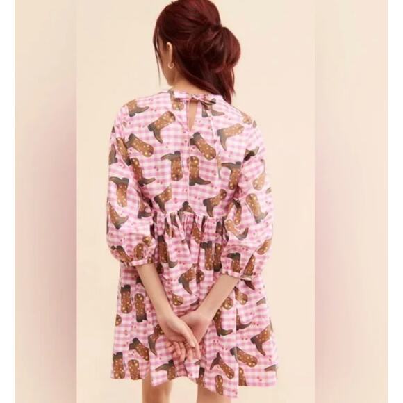 NWOT Megan Crosby Lila Cowboy Dress Pink Gingham Mini Puff-Sleeve Boot-Print - Picture 3 of 9